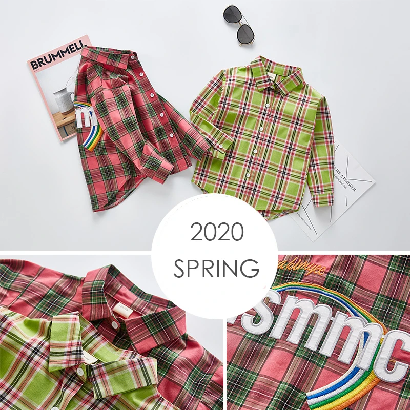 Дети красная клетчатая Радуга Вышивка Топы рубашка девушка с длинным рукавом