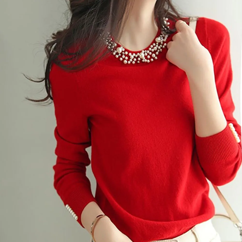 

Winter Clothes Knitted Woman Sweaters Beading Pullovers Spring Autumn Basic Womens Jumper Slim Women's Sweater Long Sleeve