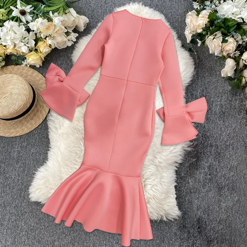 

African Fashion sexy Women Bodycon Party Dress Hollow Out Shoulder Ruffles Long Sleeves with Bowtie Elegant Mermaid dress pink