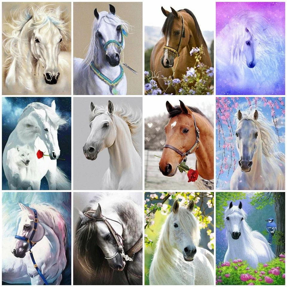 

Kamy Yi Diy 5d Square Diamond Handmade Round Rhinestone Cross Stitch White Horse And Brown Horse Art, Picture Home Decoration