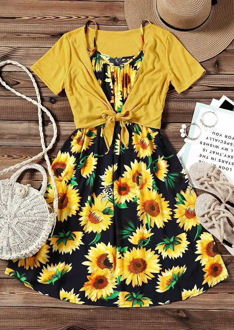 Женское платье с подсолнухом VESSOS Повседневное на бретельках летнее комплект из