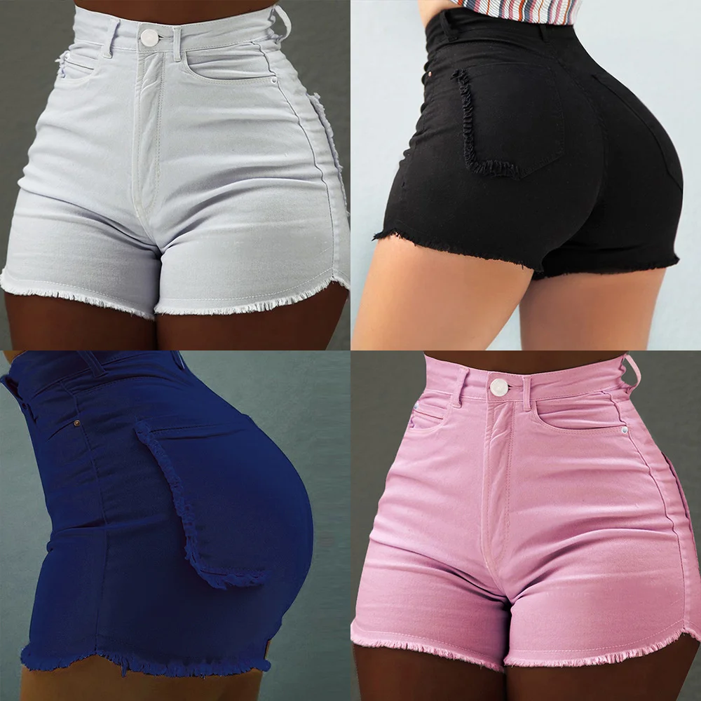 

New Summer Hot Pants Solid Color Slim Jean Shorts Burst Pocket Shorts Fashion Fur-rimmed Jeans