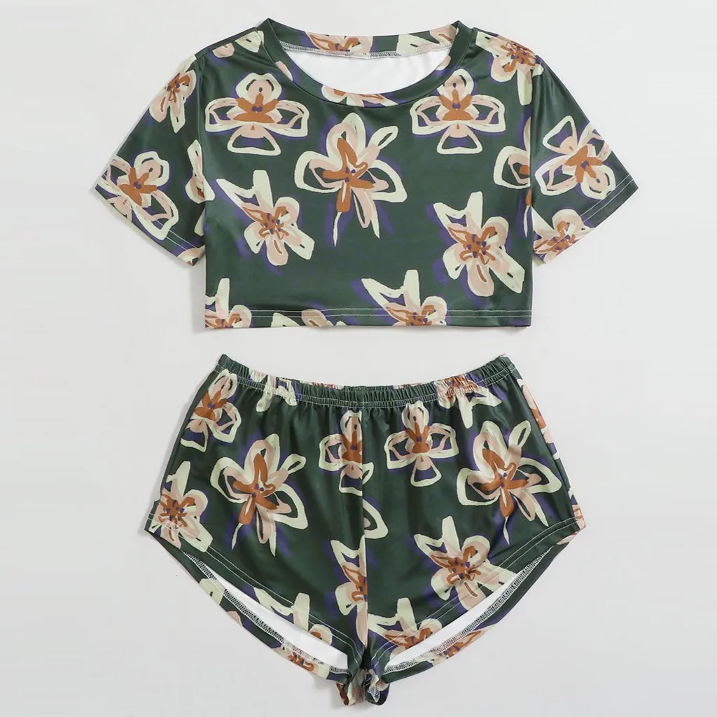 2020 Summer Women Set Crop Tops + Shorts Women's Fruit Flower Printed Home Clothing Ladies Casual Cotton Two Piece #3 |