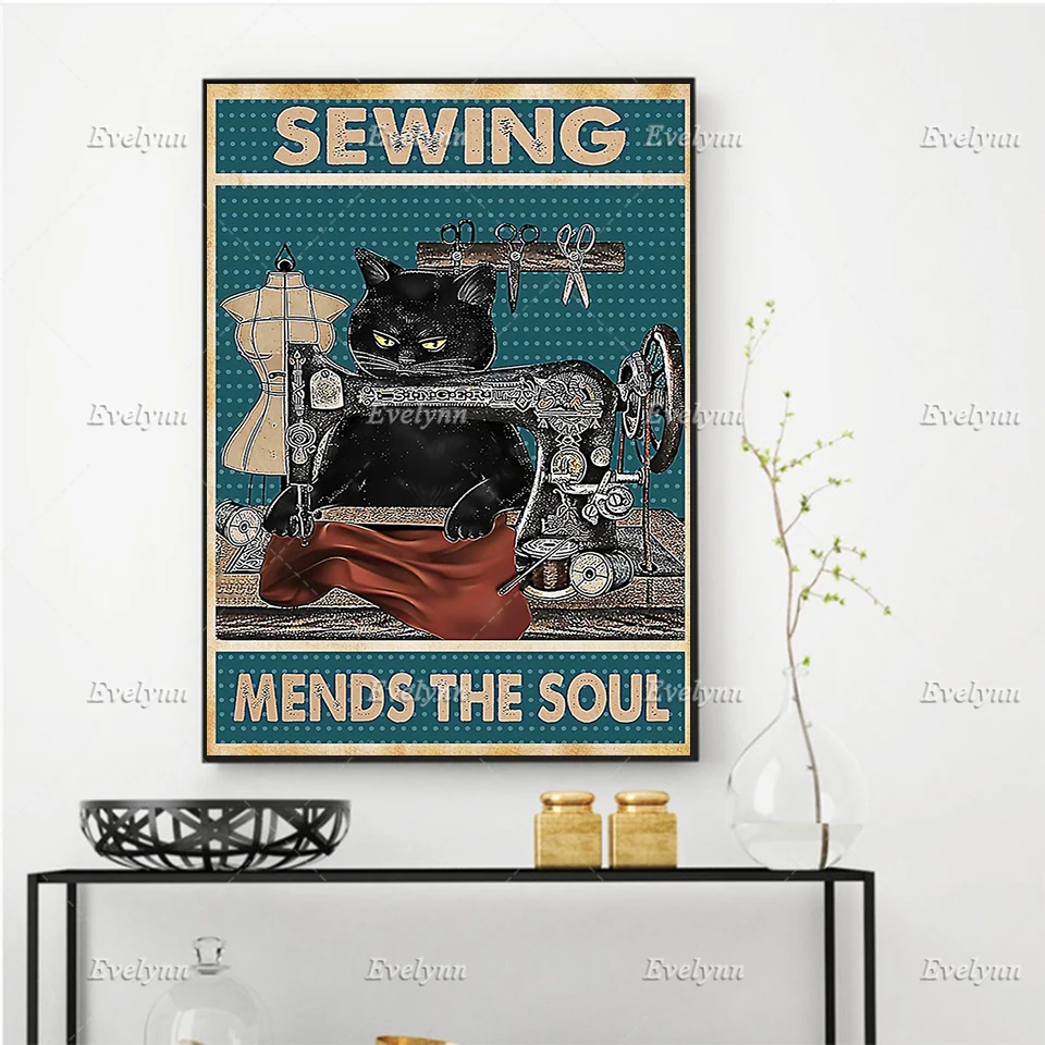 

Sewing Mends The Soul Cute Black Cat Art Sew Knitting Quilting Art Vintage Posters Home Decor Prints Wall Art Canvas Unique Gift