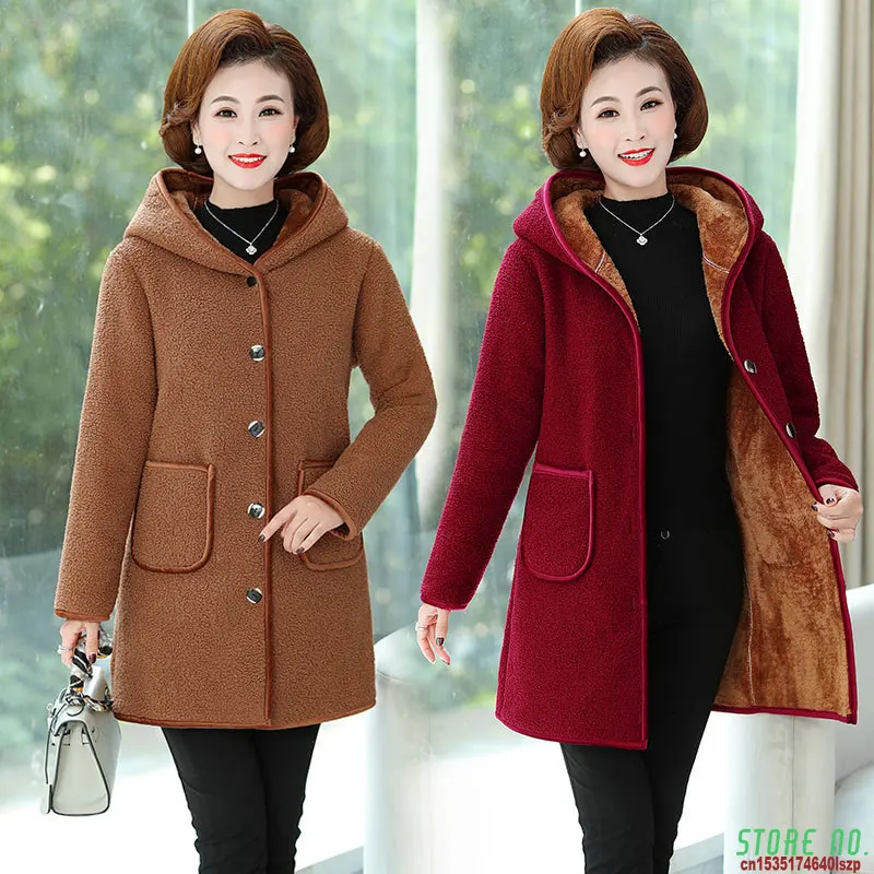 

2020 New Winter Coat Middle-aged and Elderly Women's Jackets Korean Mid-Long Hooded Single-breasted Plush Thick Warm Overcoat