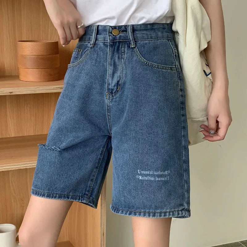 

Casual Loose Women Straight Half Jeans Pants Chic High Waist Ladies Wide Leg Holes Denim Shorts Summer Female Jeans Shorts