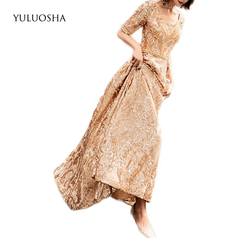 YULUOSHA сексуальные золотистые облегающие вечерние платья с V образным вырезом и
