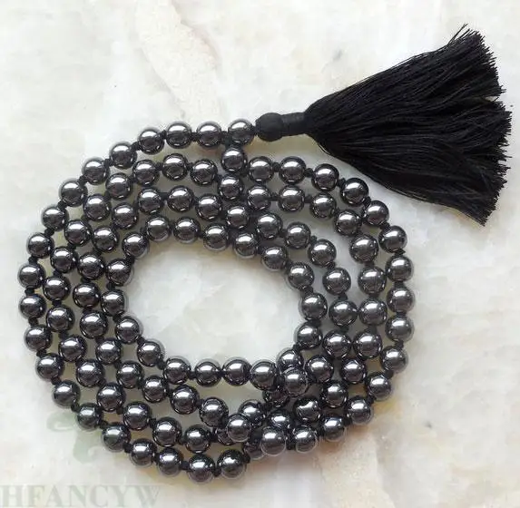 

8mm Natural Hematite 108 Beads Gemstone Tassel Mala Necklace bless Chakra Meditation Unisex Buddhism Prayer Spirituality