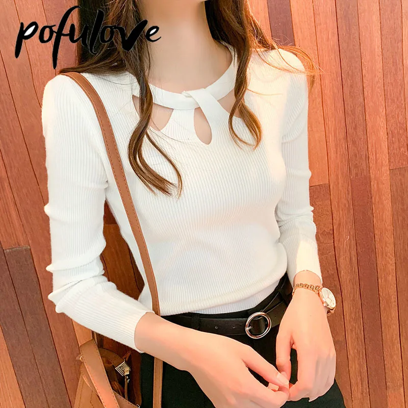 

Свитер женский корейский стройнящий, однотонный трикотажный пуловер с длинным рукавом, черный трендовый свитер, топ с круглым вырезом на ос...