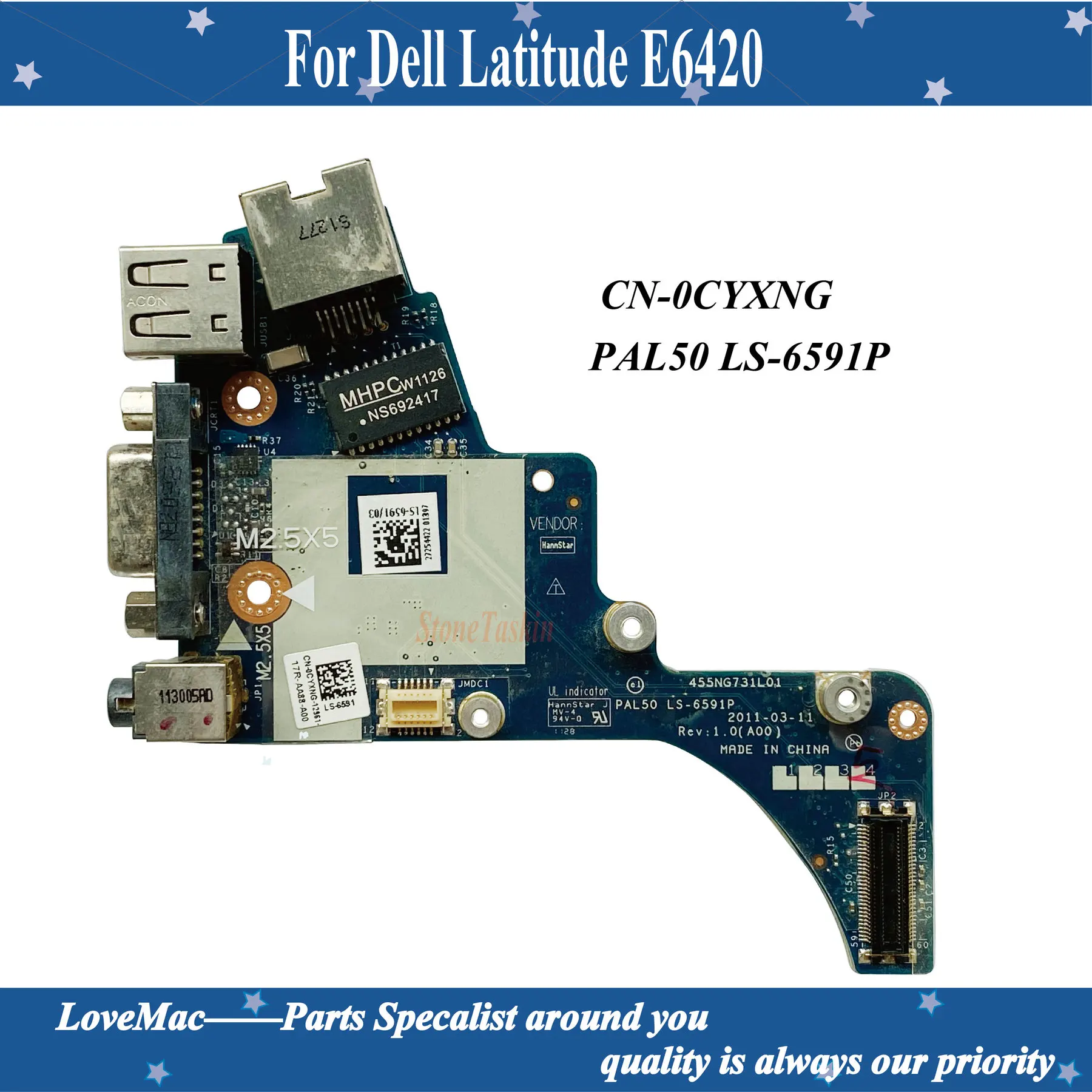 

High quality Genuine For Dell Latitude E6420 Audio Ethernet USB VGA Port Board CN-0CYXNG 0CYXNG CYXNG PAL50 LS-6591P 100% tested