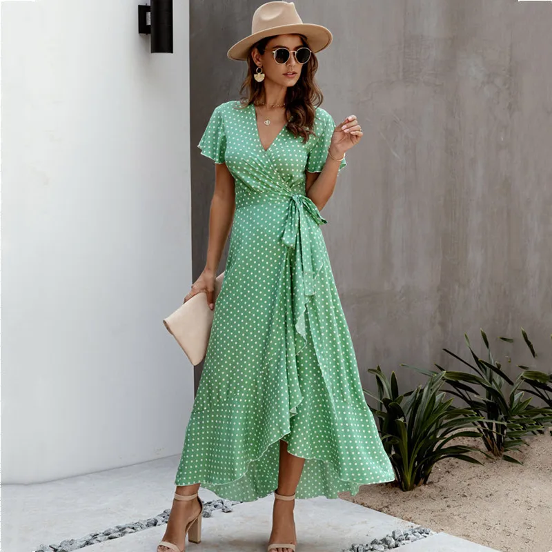 

Irregular Floral Print Lace-Up Maxi Dress 2021 Summer New Fashion Polka Dot Sexy V-Neck Ruffle Short Sleeve Women's Dress Femme