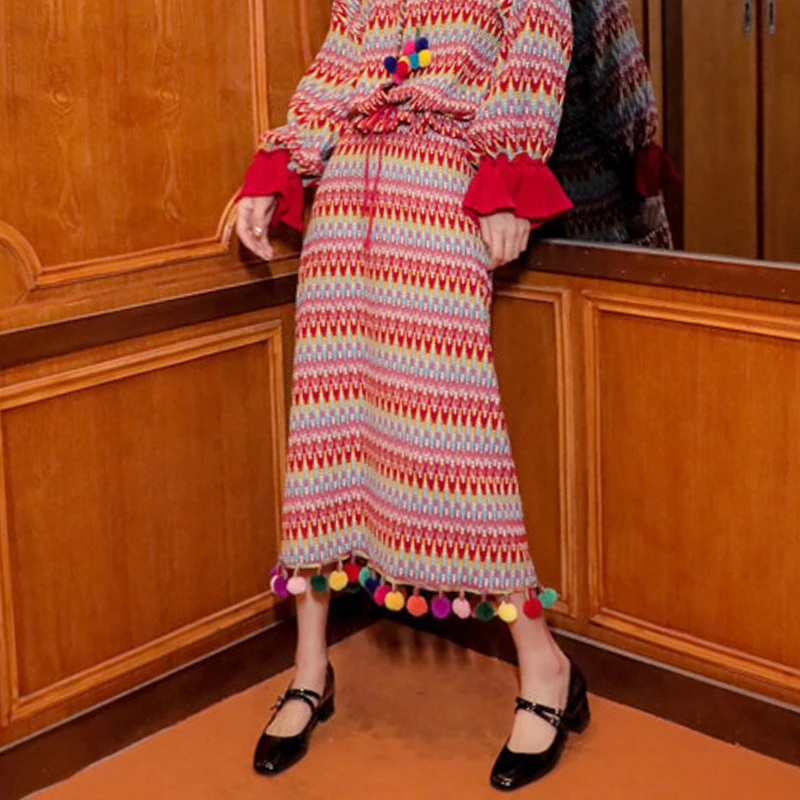 Ретро национальная трикотажная Женская Повседневная Длинная юбка