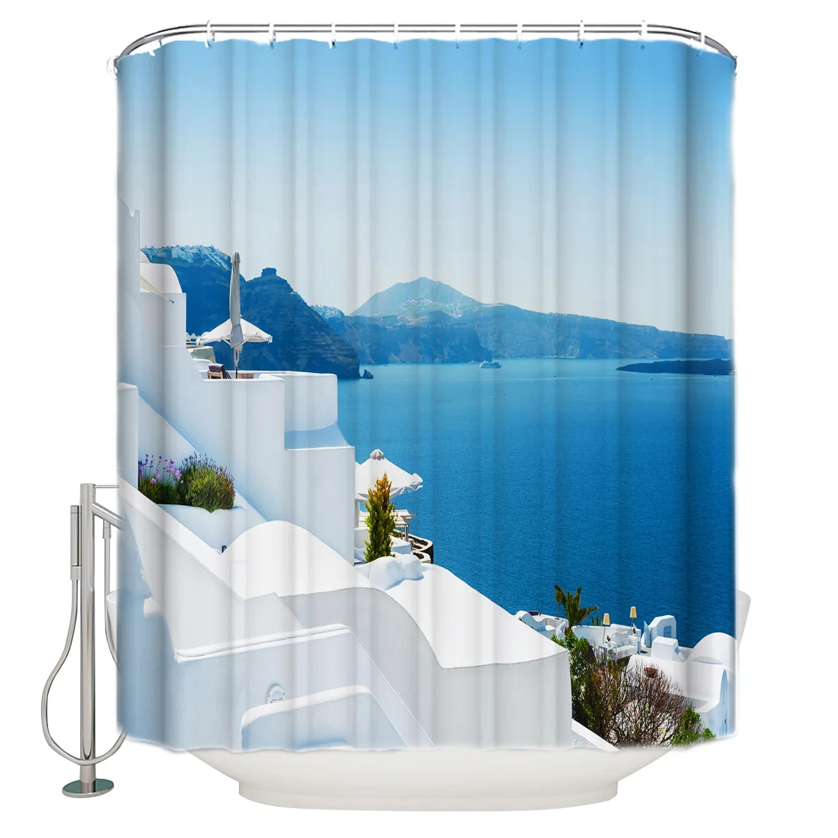 Греческий Остров белый архитектурный синий океан ванная душевая занавеска С