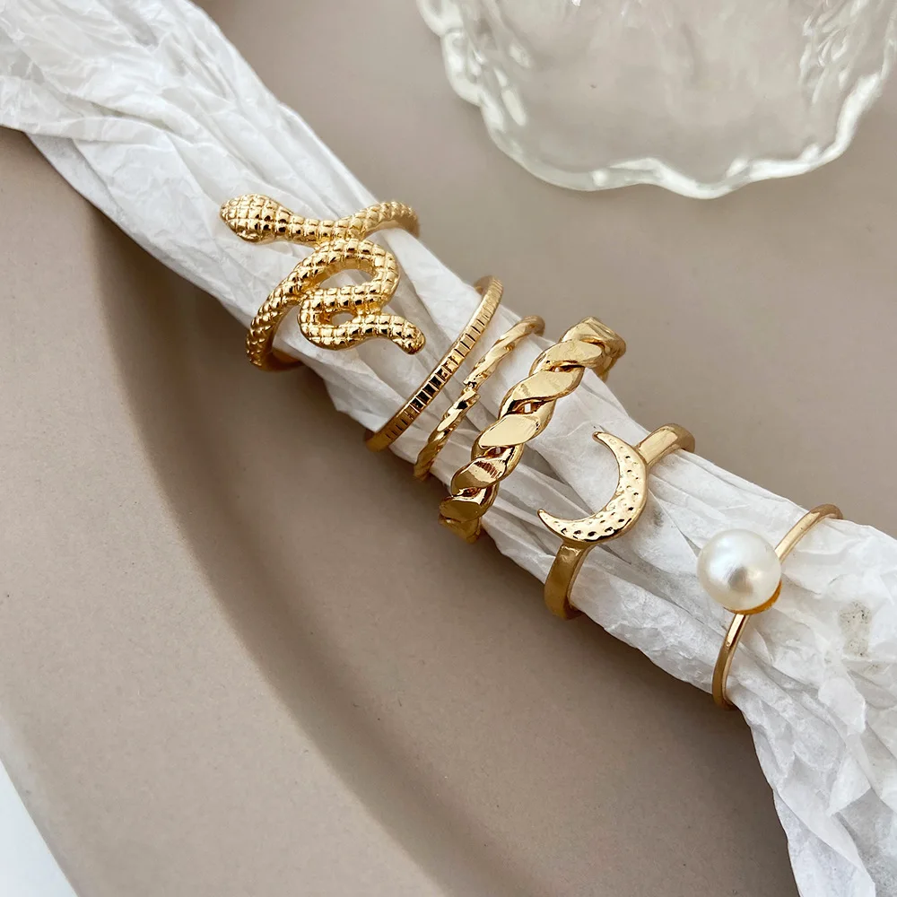 

New Metal Knuckle Ring Creative Personality Snake Moon Pearl Ring Set 6-Piece Wholesale
