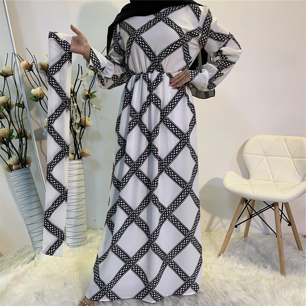 

turkey plaid muslim dress Lace-up Vestidos Kaftan Dubai Abaya Hijab djellaba Islam Clothes Abayas Maxi Dresses Women Caftan Robe