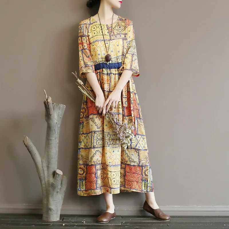 Оригинальный высокого класса чистого платье из рами Ретро культурных печать с