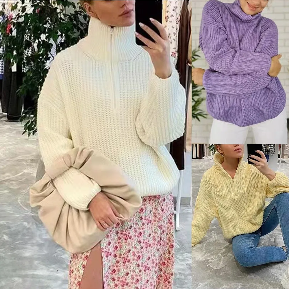 

Autumn Winter Women Knit Sweater Pullover Long Sleeve Chunky Casual Loose Half High Collar Jumper Female Knitwear Women Clothes