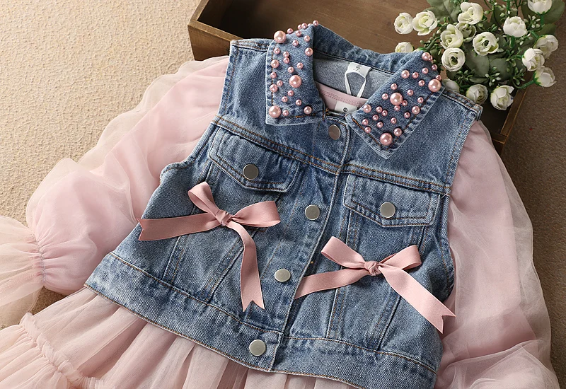 New Girls Dresses 2pcs Sets Kids Autumn Clothes Pearl Denim Vest Long Sleeve Lace Princess Dress Bow Pink Children Outfits Size