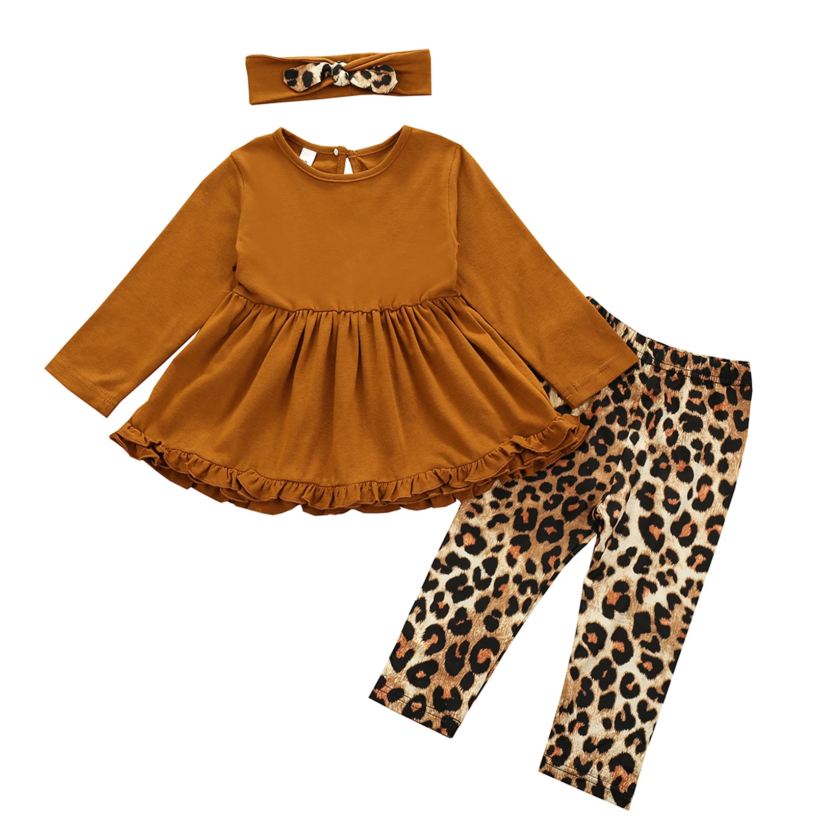 

3Pcs Baby Infant Girls Sets Long Sleeve Solid Ruffle O Neck Solid Tops Leopard Pants Headband Autumn Children Outfits 6M-4Y