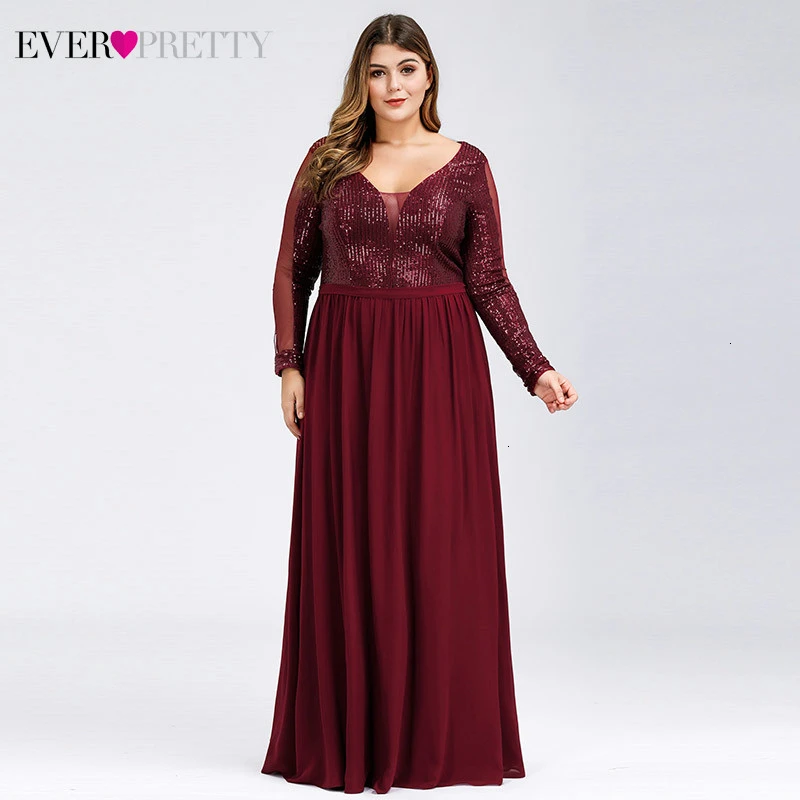 Плюс Размеры Выпускные платья Burgundy Ever Pretty сексуальное нижнее белье с глубоким v-образным вырезом, расшитые блестками, а-силуэт, длинный рукав, Прозрачное нижнее белье Сексуальная Вечерние платья праздничный Jurk