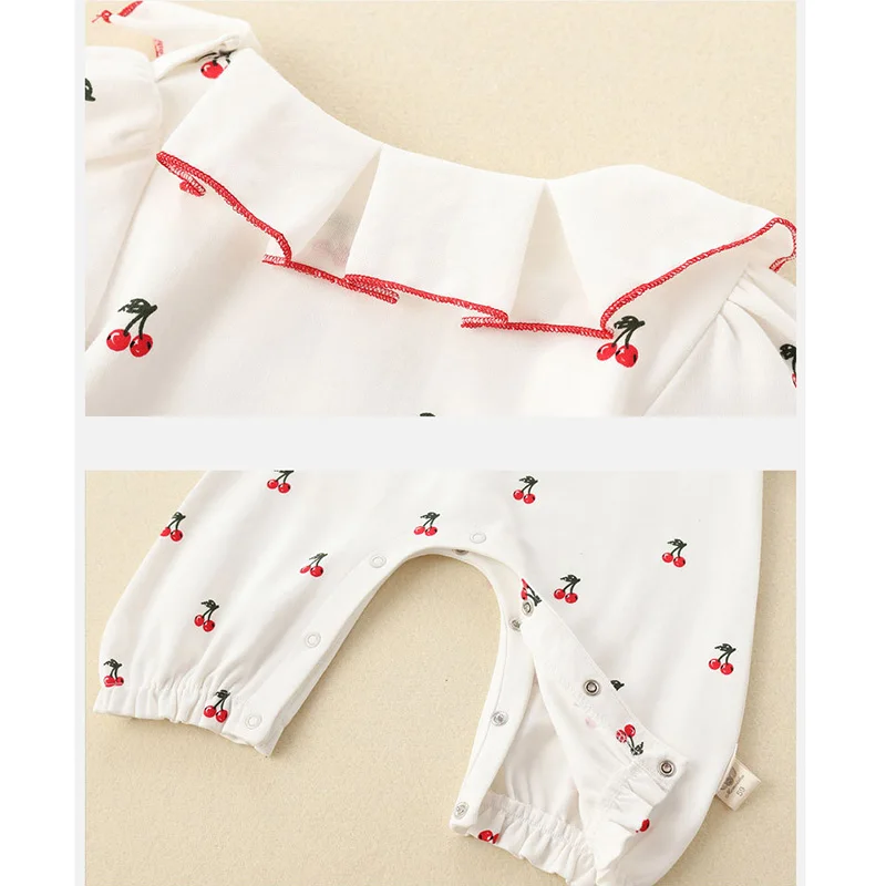 

Spring and Autumn New Infant White Cherry Cotton Breathable Comfortable Bodysuit 0-24M Baby Girls Soft Long Sleeve Romper