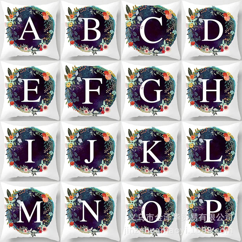 

2021 New Fashion 26 Alphabet Initials English Letters Cushion Covers Dark Blue Backgroud Garland Flower Sofa Throw Pillow Case