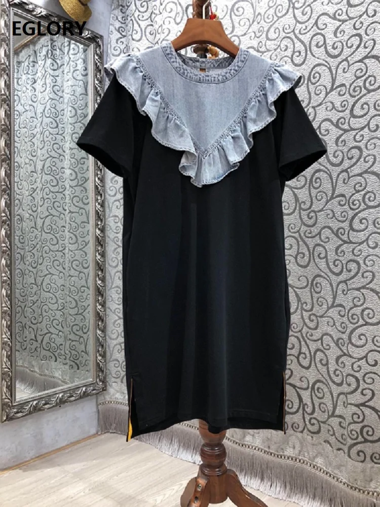 High Quality Women's Dress 2021 Summer Ladies O-Neck Denim Patchwork Short Sleeve Casual Long Black T-Shirt Dress Loose Fit