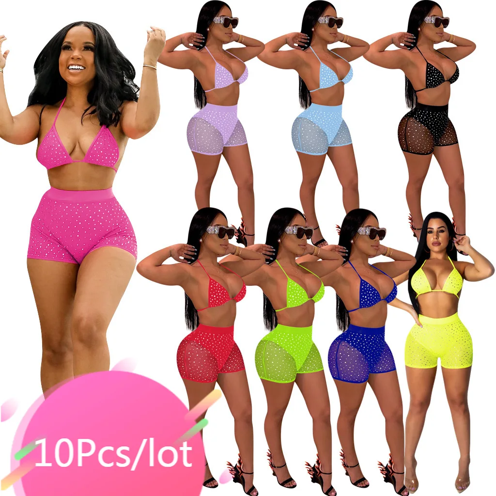 

Bulk Item Wholesale Lots Sexy Summer Bathing Suit Women Bra Tops Sequined Mesh See Though Shorts Set Sexy Two Pices Swimsuit