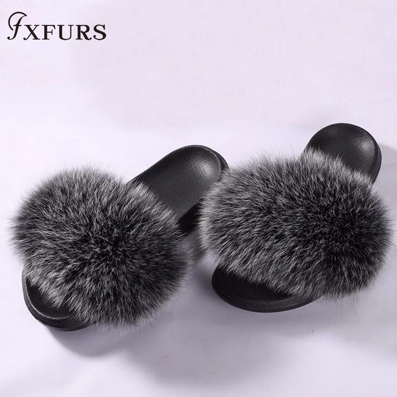 FXFURS/Новинка года; женские натуральный мех лисы шлепанцы; летние модные меховые сандалии; пляжные сандалии; пушистые удобные меховые вьетнамки