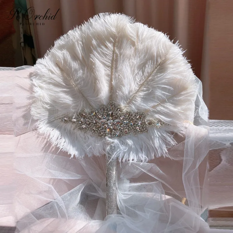 PEORCHID Customized Feather Fan Bridal Ostrich Fan Bouquet Great Gatsby 1920's style Bling Crystal Wedding Hand Fan Bouquet