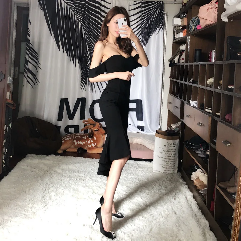 

2019 New nightclub women's wear sexy night scene low chest thin party dress shoulder elegant