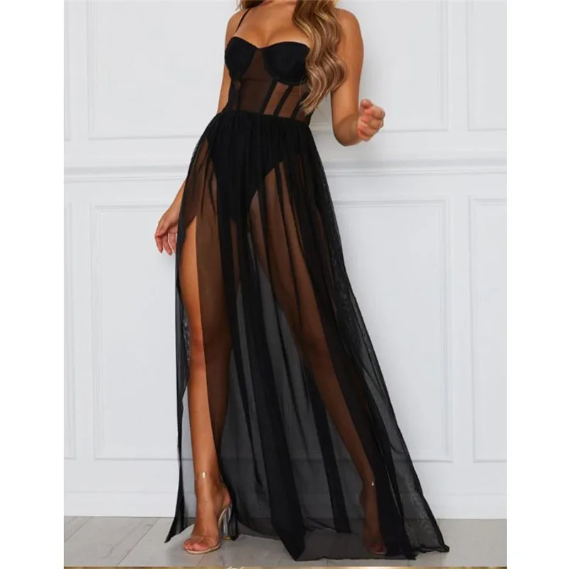 Sexy Perspective Womens Mesh Gauze Sling Dress Sleeveless Strapless High Waist Party Long Side Slit Backless Sundress | Женская одежда