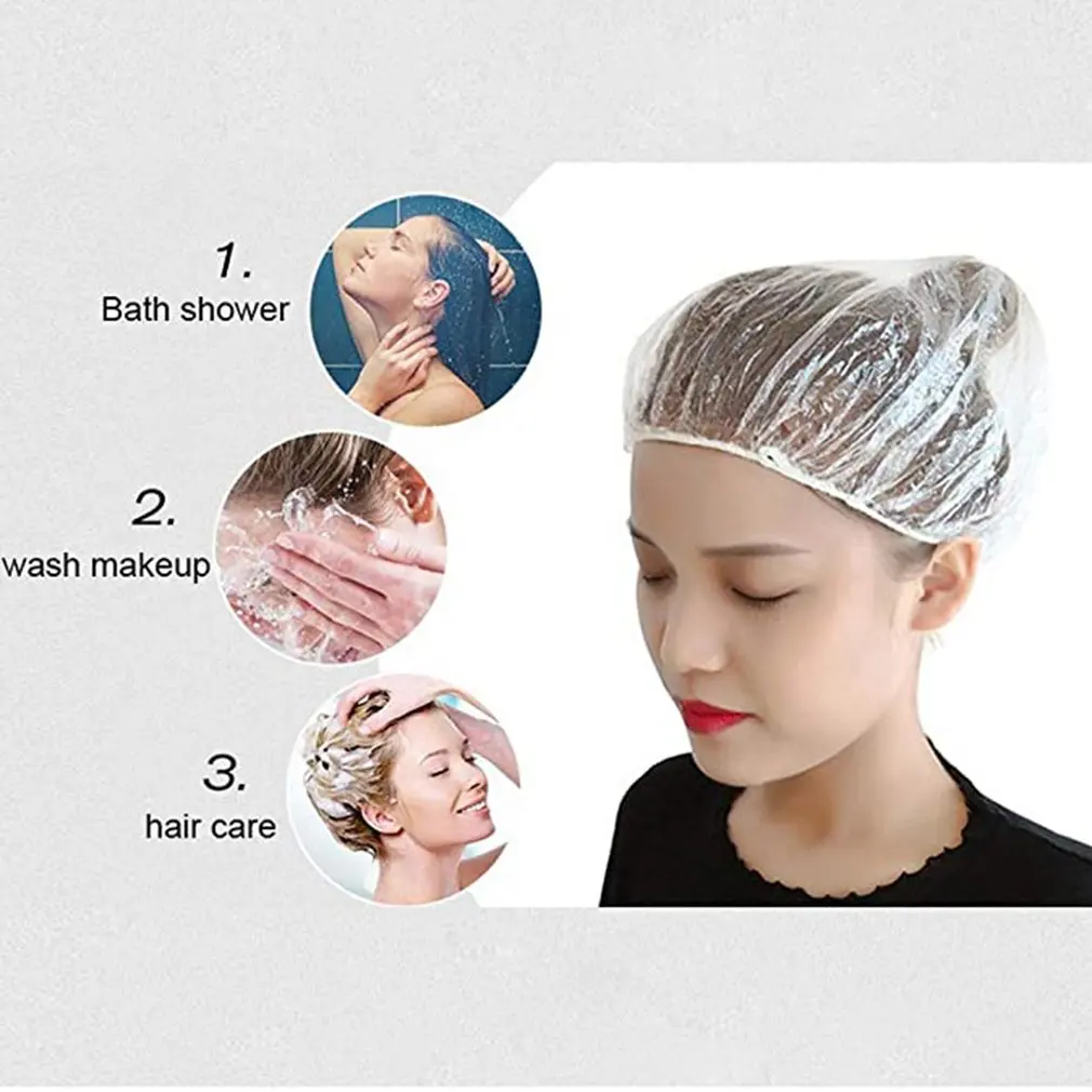 

100PCS disposable shower caps Disposable shower cap transparent elastic plastic for bathroom spa hotel and hair salon