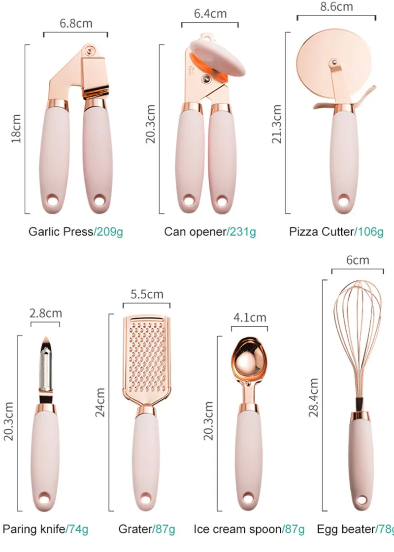 

7 Pc Kitchen Set Stainless Steel Utensils Copper Coated Kitchen Gadget Ice Scream Scoop Peeler Garlic Press Cheese Grater Whisk