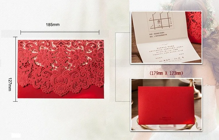 

50pcs Rustic Wedding Supplies China Red White Vintage Luxurious Elegant Golden Laser Cut Wedding Invitation Card With Custom
