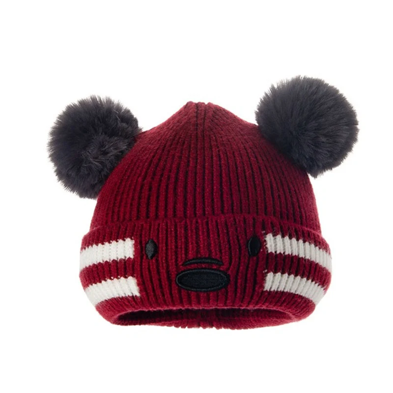 wine red baby hat Baby Beanies Double Ball Wool Cartoon Pompom Hat Children Winter Knitted Hats Cute Cap for Girls Boys Thick Kids Beanies - Цвет: wine red baby hat