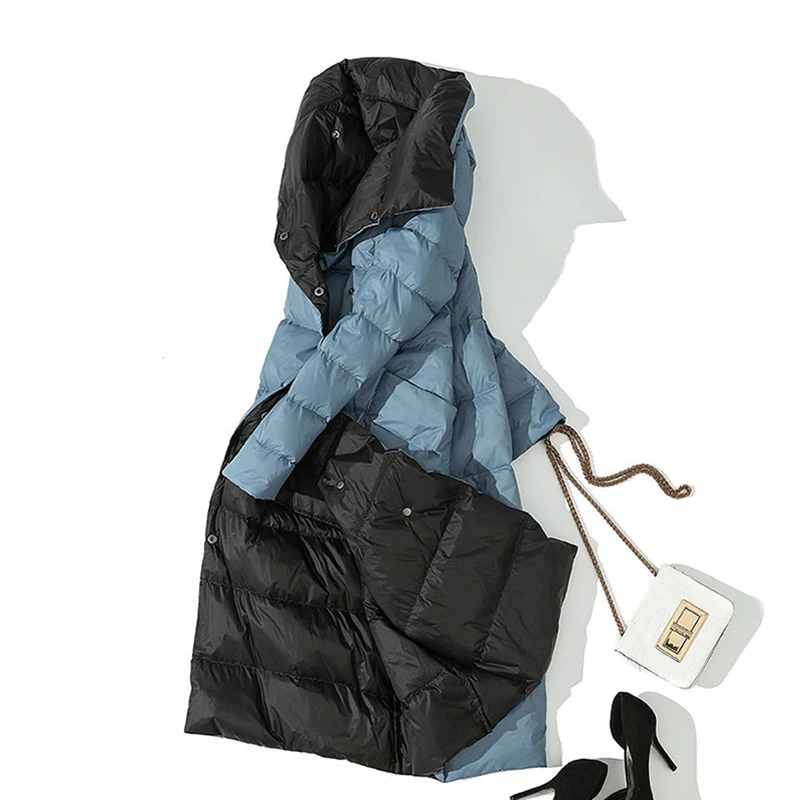 Пуховик женский зимний на белом утином пуху средней длины с воротником-стойкой