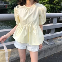 cute chiffon blouses women 2021 summer puff sleeve o neck shirts white yellow female thin tops ladies fashion clothings
