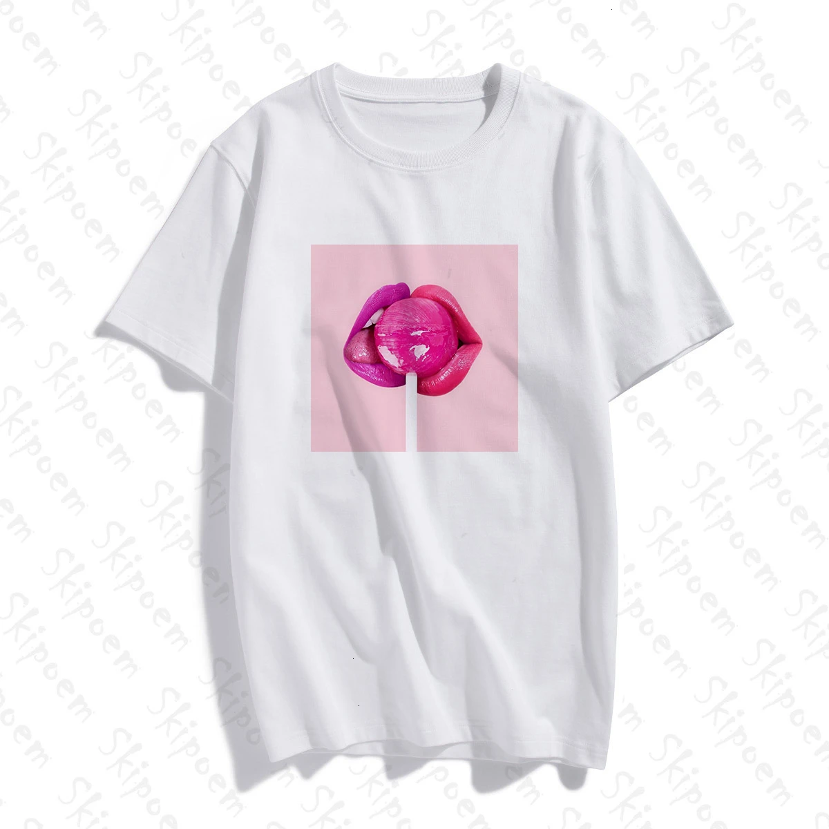 Сексуальные розовые губы леденец футболка Женская корейский стиль Tumblr панк