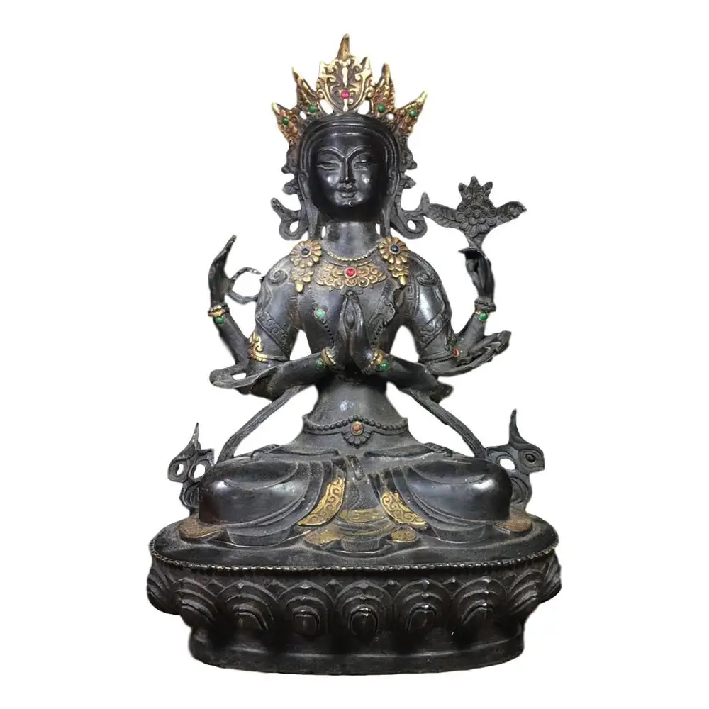 

LaoJunLu Pure Copper Inlaid Duobao Four-Arm Guanyin Imitation antique bronze masterpiece collection of solitary Chinese