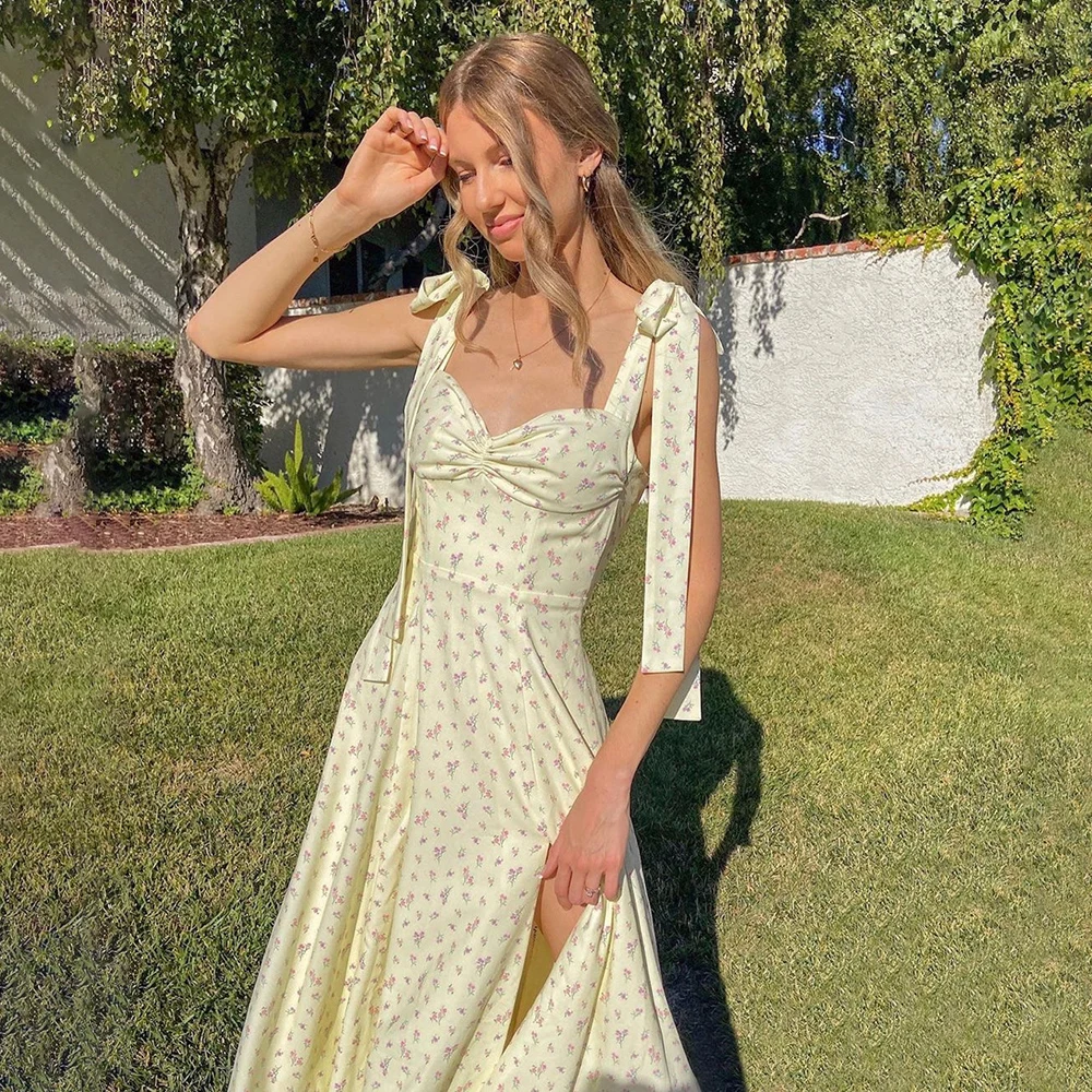 

Платье на бретельках, Длинное Элегантное модное женское платье с романтичным цветочным принтом, цельное платье с открытой спиной и разрезом, летняя одежда 2021 года для женщин