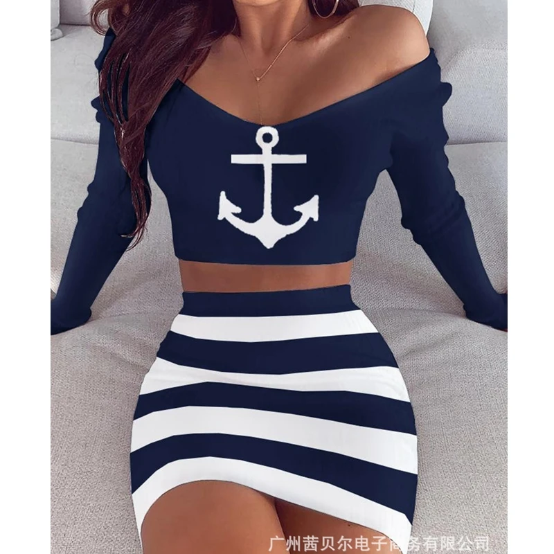 

WEPBEL Women's Sexy Solid Color Striped Slim Suit Summer Long Sleeve V-neck Backless Short Top + Elastic High Waist Skirt Suit