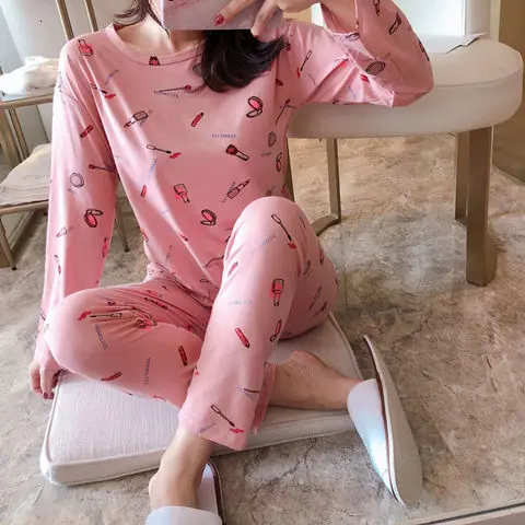 Pajamas suit Осенне-зимний пижамный комплект для женщин, полосатый хлопковый Длинный топ, длинные штаны, комплект из 2 предметов, пижамный комплект для женщин, милая одежда для сна, пижама для девочек - Color: Pajamas suit