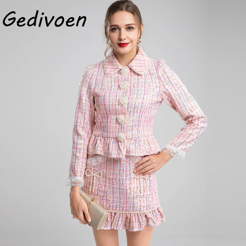 

Женский твидовый костюм с юбкой-годе Gedivoen, подиумный розовый костюм из двух предметов с юбкой-годе и кружевным рукавом и бантом, Осень-зима ...