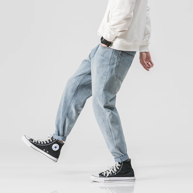 

RHYMONSTER Mens Korean Fashoins Harem Blue Jeans Pants 2021 Vintage Straight Pants Harajuku Jeans Baggy Belt High Quality Denim