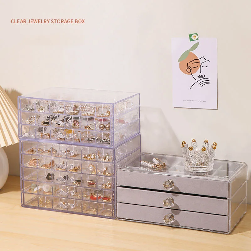 

Jewelry Storage Box Storage Organizer Earrings Necklace Diamond Display Stand Flannel Drawer Transparent Plastic Box Acrylic