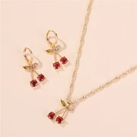 crystal cherry pendant necklace gold color metal chain cherry pendant necklace earrings for women girl weddings jewelry set