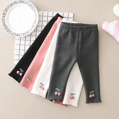 

2021 Autumn Winter Girls Plus Velvet Cotton Leggings White Children's Thick Velvet Baby Long Pants Toddler Cherry Korean Pants