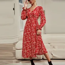 Robe portefeuille Vintage rouge à manches longues pour femmes, vêtement à fleurs, taille haute, col en V, longue, fluide, style Boho, automne hiver  (2)