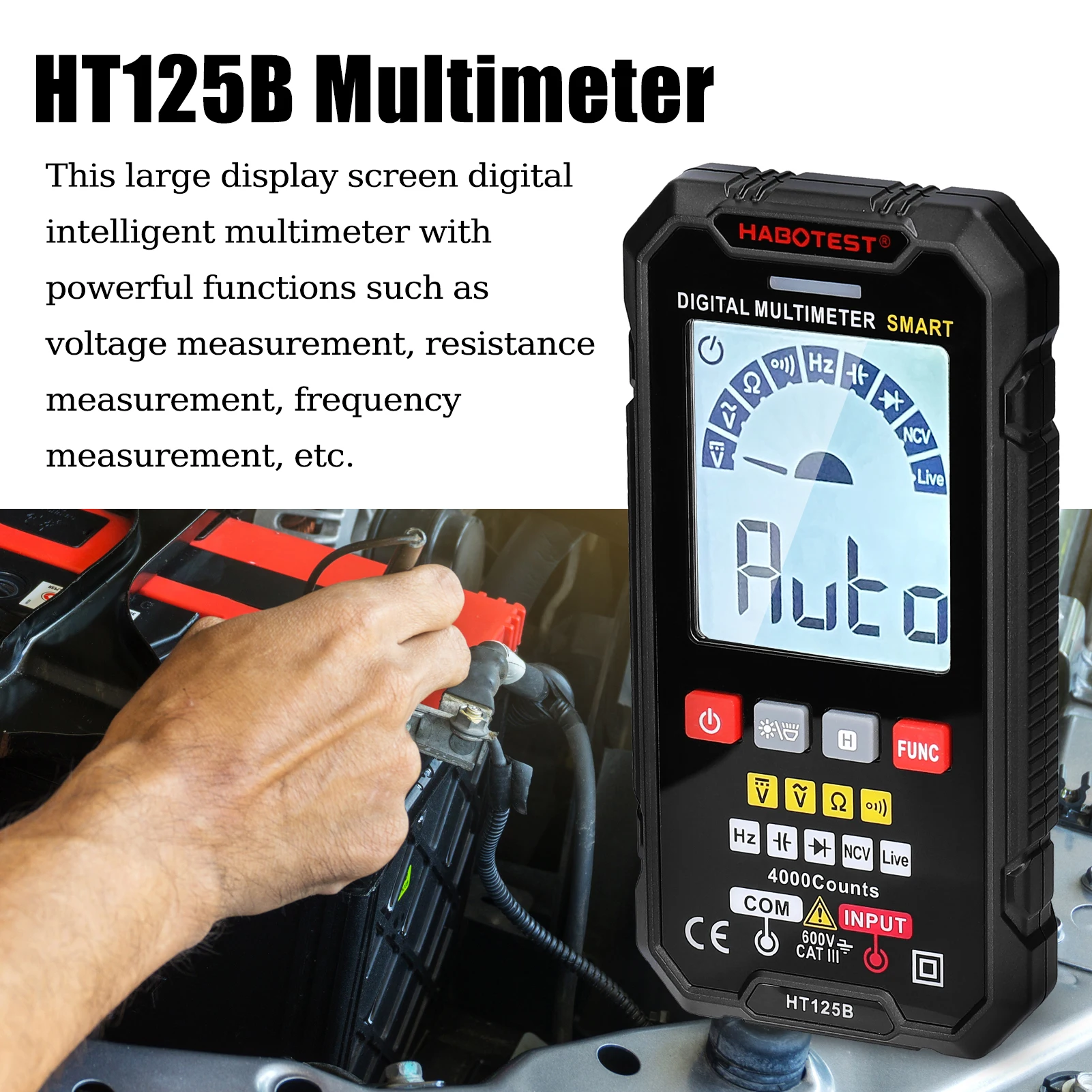 

HT125A/HT125B Multimeter 4000 Counts NCV Direct Current AC Voltage Resistance Frequency Diode Continuity Capacitance Measurement